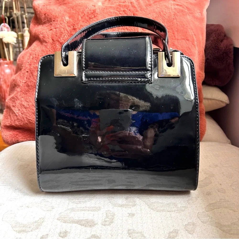 Faux Black Patent Leather Satchel with Gold Hardware, Handles and Crossbody